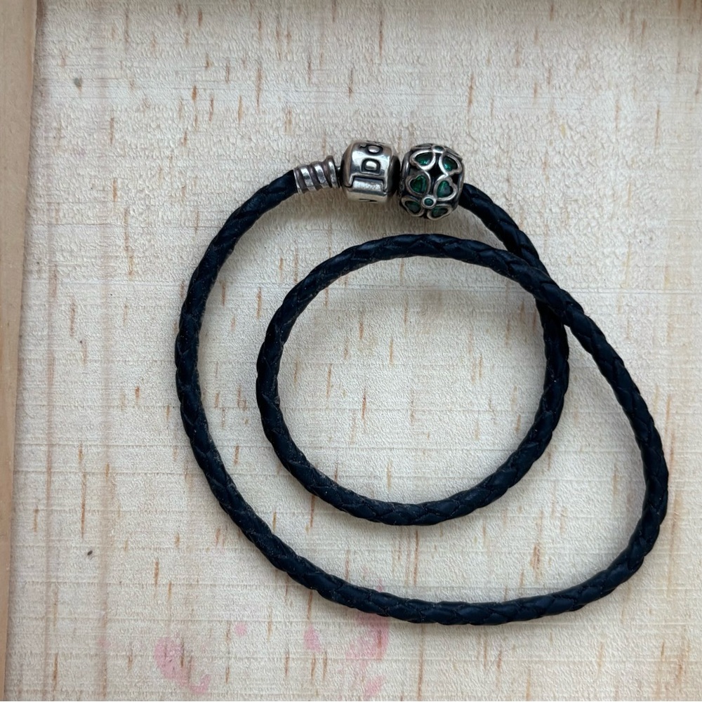 Pandora Leather Bracelet with Silver and Shamrock Charm